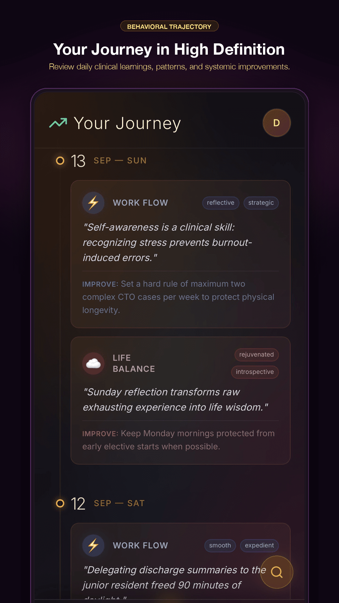 The actual LyFeOS Timeline screen with dated Work and Personal reflection cards and the journey search button, using example entries